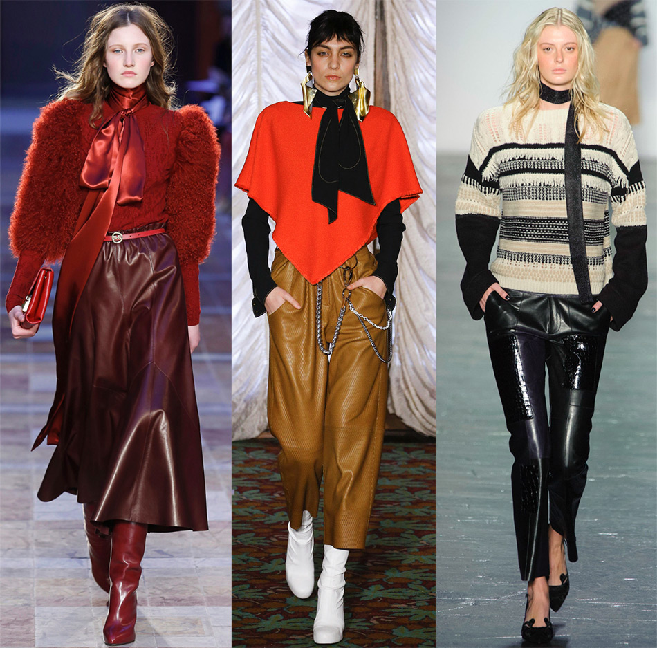 Bright leather skirts and trousers