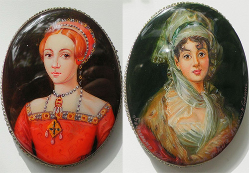 Handmade portrait brooch Fedoskino