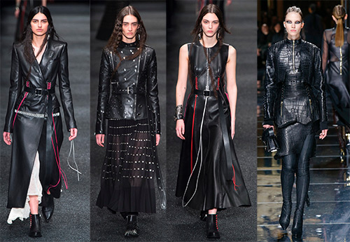 Black leather dresses, skirts, raincoats and jackets